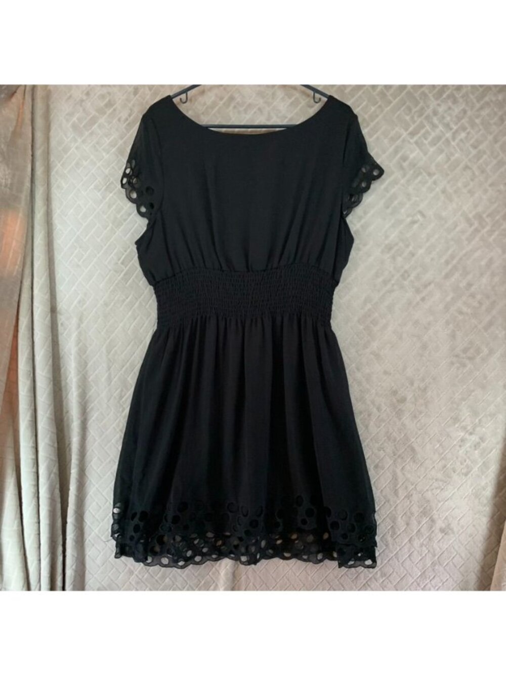 Bar III Mini Dress Womens XXL Black Eyelet Short Sleeve Smocked Waist Polyester